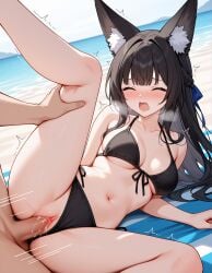 1boy ai_generated animal_ear_fluff arm_support beach beach_towel black_hair closed_eyes faceless_male female fox_ears fox_girl heavy_breathing hoshimi_miyabi leg_grab leg_up long_hair lying medium_breasts moaning motion_lines navel on_side penis pussy_juice sex solo_focus spread_legs toshiror18 uncensored vagina vaginal_penetration vaginal_penetration vaginal_sex zenless_zone_zero