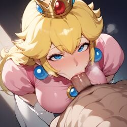 ai_generated big_breasts big_penis blonde_female blonde_hair blowjob blowjob_face blue_eyes crown dark-skinned_male deepthroat earrings eogard_orc female heavy_breathing male mario_(series) muscular_male nintendo on_knees pink_clothing pink_outfit princess_peach pubic_hair saliva saliva_on_penis self_upload sloppy_blowjob stable_diffusion straight vacuum_fellatio viewed_from_above white_gloves white_stockings