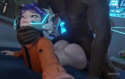 1boy 1girls 3d animated dark-skinned_male dark_skin interracial juno_(overwatch) large_ass light-skinned_female light_skin lying lying_on_stomach mslewd overwatch overwatch_2 prone_bone purple_hair selfie sex sex_from_behind shorter_than_30_seconds straight tagme video