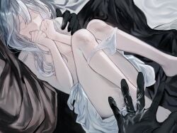 1boy black_gloves breasts brown_cloak cloak closed_eyes dress female gloves hair_between_eyes highres homicipher legs_up long_hair lying medium_breasts mr._hood on_back panties seraharuko sidelocks sweat underwear white white_dress white_hair