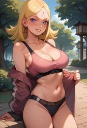 ai_generated bare_shoulders belly_button big_breasts blonde_hair boruto:_naruto_next_generations boruto:_two_blue_vortex cleavage delta_(boruto) earrings exposed_belly exposed_shoulders forehead_mark jacket_open kara_(boruto) large_breasts midriff narugirlshot naruto naruto_(series) open_clothes open_jacket outdoors panties park partially_clothed partially_nude pink_eyes sports_bra sports_jacket sportswear sweat sweatdrop sweaty underwear