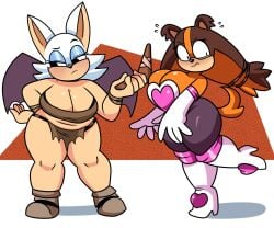 2d 2girls anthro bat big_breasts blush bodysuit boomerang bursting_breasts cleavage clothed clothes_swap crop_top curvy digital_media elbow_gloves embarrassed eyeshadow female female_only flustered furry furry_only loincloth outfit_swap revealing_clothes rouge_the_bat sega simple_background sonic_(series) sticks_the_badger superspoe thick_thighs thigh_boots tight_fit toony voluptuous wide_hips wings