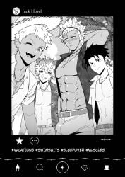 4boys black_and_white blush doujinshi hyena_ears jack_howl kakenari kalim_al-asim magicam muscular necklace ruggie_bucchi selfie short_hair social_media swimwear text twisted_wonderland wolf_ears yuu_(twisted_wonderland) yuuken_enma