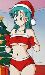 ai_generated big_breasts blue_eyes bulma_briefs christmas christmas_hat christmas_outfit christmas_present christmas_tree clothed cyan_hair dragon_ball female indoors lingerie pixai santa_hat smile solo