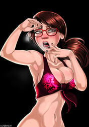 1girls armpits breasts brown_eyes brown_hair cleavage disney eyeshadow female freckles glasses inside_out jill_andersen large_breasts milf navel pixar shadman solo