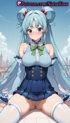 1girls ai_generated anime anime_style aqua_(konosuba) aqua_hair asian ass_visible_through_thighs bangs bare_shoulders blue_eyes blue_hair blue_shirt blue_skirt blue_sky blush bow bowtie breasts bust busty buttons cleft_of_venus closed_mouth day detached_sleeves female female_focus female_only female_solo gem green_bow green_bowtie hair_bobbles hair_ornament hair_rings hentai high-waist_skirt kono_subarashii_sekai_ni_shukufuku_wo! large_breasts long_hair long_sleeves looking_at_viewer miniskirt natsuyoru no_panties outdoors pleated_skirt pussy shirt sitting skindentation skirt sky sleeveless sleeveless_shirt solo solo_female spread_legs thighhighs thighs uncensored vagina very_long_hair voluptuous voluptuous_female white_sleeves white_thighhighs wide_sleeves