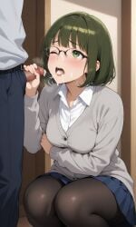 1boy 1girls ai_generated arm_under_breasts bangs blush cardigan collared_shirt cum cum_in_mouth cum_on_face cumshot embarrassed faceless_male glasses green_eyes green_hair handjob heavy_breathing horimiya implied_fellatio implied_oral kouno_sakura kslgsnb looking_up medium_breasts medium_hair one_eye_closed pantyhose pixai pleated_skirt shirt skirt squatting white_shirt