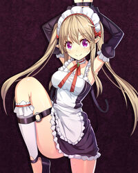 apron armpits arms_up blush bondage bound bound_wrists breasts brown_hair choker color detached_sleeves dress elf female female_only frills leg_up long_hair looking_at_viewer maid maid_headdress myucel_foalan outbreak_company pointy_ears purple_eyes restrained ribbon ririko_(zhuoyandesailaer) smile solo sweat tied_hair twintails very_long_hair