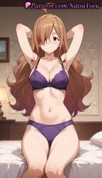 1girls ahoge ai_generated anime anime_style armpit armpits arms_behind_head arms_up bare_shoulders bed blush bow bow_bra bow_panties bra breasts brown_eyes brown_hair bust busty cleavage closed_mouth collarbone desk_lamp feet_out_of_frame female female_focus female_only hair_over_one_eye hentai indoors kono_subarashii_sekai_ni_shukufuku_wo! lamp large_breasts legs lingerie long_hair looking_at_viewer natsuyoru navel on_bed painting_(object) panties pantsu picture_frame pillow purple_bra purple_panties sitting smile solo solo_female stomach thighs underwear underwear_only voluptuous voluptuous_female wavy_hair wiz_(konosuba)