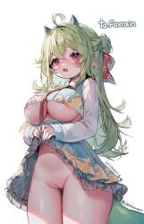 absurdres ahoge blush breasts clothes_lift commission commissioner_name cowboy_shot dated dragon_girl dragon_horns dragon_tail female frilled_skirt frills garam_(ryeoubi) green_hair green_horns green_skirt green_tail green_vest hair_between_eyes hair_bun hanbok hayan highres horns inverted_nipples korean_clothes korean_commentary large_breasts lifting_own_clothes long_hair long_sleeves looking_at_viewer navel no_panties oerba_yun_fang open_mouth original pointy_ears pussy red_eyes second-party_source sidelocks simple_background single_hair_bun skin_fang skirt skirt_lift small_horns small_sweatdrop smile solo tail twitter_username underwear vest white_background