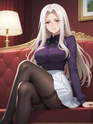 ai_generated fate/zero fate_(series) hentarttt irisviel_von_einzbern looking_at_viewer on_sofa red_eyes sitting skirt white_hair