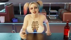 1girls 3d_(artwork) 3drendernoob alcohol alcoholic_drink bar blender cleavage cleavage_cutout colored_hair dc_comics harley_quinn large_breasts lipstick makeup nightclub pale_skin solo_female tattoo tattooed_arm twintails whiskey