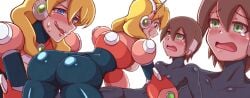 2girls aile alia ass big_ass blonde_hair bodysuit brown_hair dubious_consent female imminent_sex licking_lips mega_man mega_man_x mega_man_x_dive mega_man_zx noburockman robot short_hair tomboy yuri