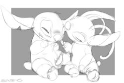 alien angel_(lilo_and_stitch) balls blush disney duo erection experiment_(species) female fur lilo_and_stitch male monochrome penis simple_background sketch stitch straight syntex