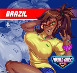 1girl 1girls accelart big_breasts big_nipples brasil brazil-chan_(accelart) brazilian brazilian_female brown_hair curvy_female dark-skinned_female english_text female_only girl green_eyes national_personification ponytail posing sunglasses tagme_(character) tinted_eyewear uniform world_cup