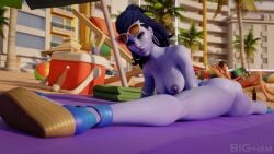 armband beach beach_towel overwatch sandals splits sunglasses_on_head tanline tracer widowmaker