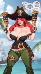 1girls ange1witch areola areola_slip areolae belt big_breasts blue_eyes breasts cleavage cleavage_overflow dialogue ear_piercing earrings female female_only freckles guns hat hoop_earrings huge_breasts human large_breasts league_of_legends light-skinned_female long_eyelashes long_hair miss_fortune no_panties no_underwear one_eye_obstructed pants pirate pirate_girl pirate_hat pistol pubic_hair pubic_hair_peek red_hair red_lips revealing_clothes riot_games sarah_fortune skimpy skimpy_clothes smiling solo standing thick_thighs tight_clothing weapon