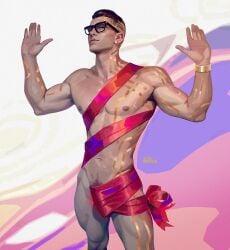 1boy artistic_nude artistic_nudity bara bara_tiddies bara_tits barazoku biceps black_hair brown_eyes chamber_(valorant) earrings guy_ male male_focus male_only meme_reference muscular muscular_male no_visible_genitalia nude_guy_wrapped_in_ribbons_standing_(meme) partially_visible_penis pecs pectorals pinup pubes pubic_hair pubic_stubble ribbon ribbon_bondage ribbons scar scars scars_all_over scars_on_arm solo solo_focus solo_male tasteful tasteful_nudity toned toned_body toned_male toned_stomach valorant voidbringerr