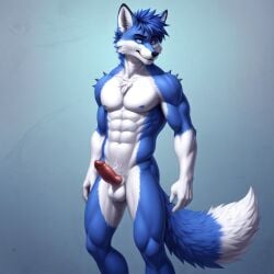 ai_generated anthro balls bluby_the_fox canine fox fox_tail fur furry genitals hair looking_at_viewer lying male male_focus male_only mammal nude penis solo tail