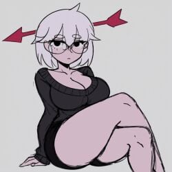 1girls ai_generated aira_(offscript) arrow arrow_through_head black_cardigan black_eyes black_shorts cardigan cleavage crossed_legs emotionless expressionless glasses highres large_ass large_breasts looking_at_viewer offscript osmondai sitting solo stable_diffusion thick_thighs white_hair