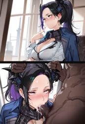 2d ahe_gao ai_assisted ai_generated black_hair breasts coat coat_on_shoulders cum cum_in_mouth dark-skinned_male fellatio forehead glasses hi_res hololive hololive_english horn horn_grab icosilveraiart instant_loss instant_loss_2koma large_breasts mature_female multicolored_hair necklace nerissa_ravencroft nerissa_ravencroft_(3rd_costume) office_lady oral pink_eyes ponytail rolling_eyes scarf self_upload tagme virtual_youtuber