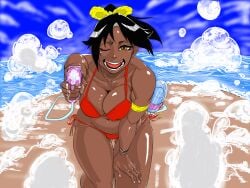 1girls arm_support beach bikini black_hair bleach breast_press breasts bubble dark-skinned_female dark_skin female_only hairband looking_at_viewer red_bikini red_swimsuit safe shihouin_yoruichi smile smiling_at_viewer solo swimsuit tata thick_thighs thigh_gap water_gun yellow_eyes yellow_hairband