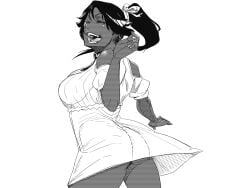 1girls ass black_hair bleach breasts closed_eyes dark-skinned_female dark_skin dress female_only hairband happy ponytail safe shihouin_yoruichi simple_background smile solo tata teeth thick_thighs white_background