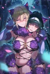 2girls ai_generated astra_yao big_breasts cat_ears cat_girl cat_outfit closed_eyes curvy_body curvy_female curvy_figure evelyn_chevalier female female_focus female_only raaicave semi_nude zenless_zone_zero
