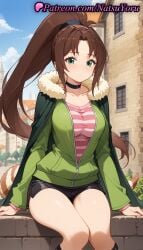 1girls ai_generated anime anime_style bangs black_choker black_shorts blue_sky blush breasts brown_hair building bust busty cape choker cleavage closed_mouth collarbone day feet_out_of_frame female_focus female_only fur_trim green_cape green_eyes green_jacket high_ponytail jacket kono_subarashii_sekai_ni_shukufuku_wo! large_breasts long_hair long_sleeves looking_at_viewer natsuyoru open_clothes open_jacket outdoors parted_bangs partially_unzipped pink_shirt ponytail rin_(konosuba) shirt short_shorts shorts sitting sky socks solo solo_female striped striped_clothes striped_shirt tail thighs very_long_hair voluptuous voluptuous_female zipper