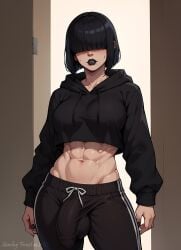 1futa abs ai_generated bangs black_hair black_hoodie blunt_bangs blush breasts bulge drawstring ear_piercing earrings erection futanari hair_over_eyes hood hood_down hoodie large_cock muscular muscular_futanari navel pants piercing short_hair solo sundayfinest teeth toned