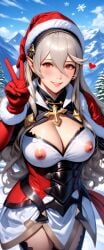 1girls 2024 2024s ai_generated black_hairband christmas christmas_hat christmas_outfit clothed clothed_female clothing corrin_(fire_emblem) corrin_(fire_emblem)_(female) female female female_only fire_emblem fire_emblem_fates grey_hair hair_between_eyes hairband heart human human_female human_only intelligent_systems light-skinned_female light_skin long_hair looking_at_viewer nai_diffusion nintendo nipples nipples_visible_through_clothing red_eyes silver_hair smile solo solo_female stable_diffusion standing video_game video_game_character video_games