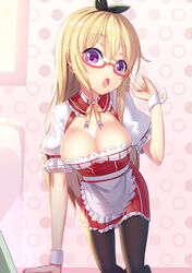 :o adjusting_glasses apron arm_support black_legwear blonde_hair blush breasts cleavage cleavage_cutout female glasses hairband heart-shaped_pupils looking_at_viewer maid maid_apron open_mouth original pantyhose purple_eyes red-framed_glasses ribbon ririko_(zhuoyandesailaer) short_sleeves solo wrist_cuffs