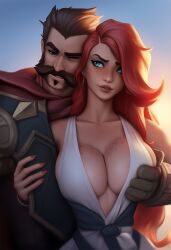 ai_generated blush freckles league_of_legends lgeucer malcolm_graves miss_fortune muscular_male red_hair seducing seductive_look tagme