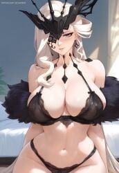 1girls ai_generated bangs bare_shoulders bed black_bra black_clothes black_gloves black_mask black_panties black_underwear blonde_hair blush bra breasts clavicle cleavage closed_mouth clothing curvaceous curvaceous_female curvaceous_figure curvy curvy_figure dangle_earrings earrings eyepatch female female female_focus female_only fur-trimmed_coat fur_trim genshin_impact gloves headwear hoyoverse huge_breasts hydrolis999 indoors inviting inviting_to_sex jewelry lace lace_trim large_breasts lingerie long_hair looking_at_viewer mask mature_female milf navel one_eye_covered pantsu parted_lips presenting presenting_breasts purple_eyes seductive seductive_look seductive_smile signora_(genshin_impact) sitting smile solo stomach thick_thighs thighs underwear underwear_only very_long_hair voluptuous voluptuous_female white_hair window