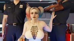 1girls 2boys 3d 3d_(artwork) 3drendernoob alcohol arms_crossed batman_(series) blender_(software) cleavage_window colored_hair dark-skinned_male dc_comics harley_quinn large_breasts makeup nightclub police_uniform surprised_expression twintails white_skin