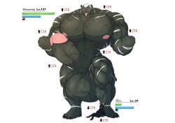 absurd_res anthro big_muscles canid canine canis cell_(unknown) duo felid gameplay_mechanics growth hi_res huge_muscles hyper hyper_muscles male male/male mammal muscle_growth muscle_theft muscular overweight overweight_male pantherine size_theft stepped_on tiger unknown_(artist) wolf