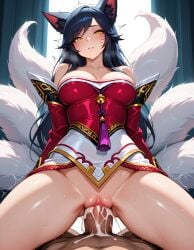 1boy ahri ai_generated bare_shoulders black_hair breasts cowgirl_position cum cum_in_pussy female looking_at_viewer motion_lines penis pov sex spread_legs straddling sweat ziappe