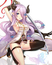 arm_up bare_arms belt black_legwear blue_eyes braid breasts butterfly butterfly_hair_ornament cape convenient_censoring draph_race_(granblue_fantasy) elbow_gloves female gloves granblue_fantasy hair_ornament high_heels horns katana large_breasts long_hair looking_at_viewer narmaya_(granblue_fantasy) no_panties pointy_ears purple_hair ribbon ririko_(zhuoyandesailaer) sideboob solo sword thigh_strap thighhighs tied_hair weapon