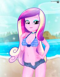 beach belly belly_button bra charliexe dean_cadance denim_shorts equestria_girls my_little_pony my_little_pony_friendship_is_magic panties pink_hair pink_hair_female pink_skin pink_skinned_female short_shorts