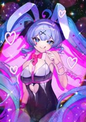 ahoge big_breasts blue_hair blue_skin bunny_ears bunny_girl bunny_tail bunnysuit handcuffs hatsune_miku heart heart_eyes long_hair navel pink_hair pink_skin purple_hair rabbit_hole_(vocaloid) ribbon smile thighs tongue twintails vocaloid