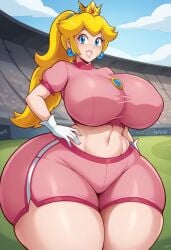 ai_generated big_breasts big_breasts blonde_hair clothing curvaceous curvaceous_figure curvaceous_hips curves curvy curvy_body curvy_female curvy_figure curvy_hips large_breasts mature mature_female mature_woman midriff navel pawg ponytail princess princess_peach sports_shorts sports_uniform sportswear stadium stadium_background super_mario_bros. thicc thicc_ass thick thick_ass thick_butt thick_hips thick_thighs voluptuous voluptuous_female wide_hips