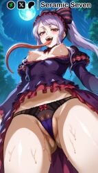 1girls 2d ai_generated female female_focus female_only from_below full_moon long_tongue looking_at_viewer moon overlord_(maruyama) panties partially_clothed ponytail rain raining seramic_seven shalltear_bloodfallen small_breasts solo solo_female solo_focus sweatdrop tongue_out vampire vampire_girl