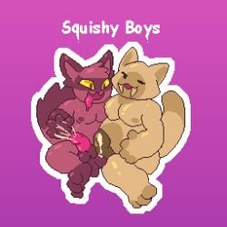 anthro belly bettyfox bodily_fluids cum cum_on_hand duo genital_fluids genitals happy hi_res hunter_slime lube male male/male paws penis saber_slime slime_(slime_rancher) slime_rancher slime_rancher_2 squish