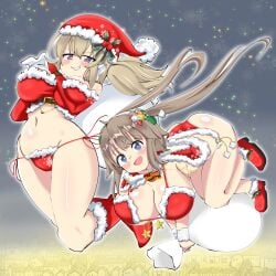 2girls ass bell belt bikini blonde_hair blue_eyes blush boots breasts brown_hair capelet chimney christmas cleavage fur-trimmed_bikini fur-trimmed_capelet fur-trimmed_gloves fur_trim gloves grin hair_ornament hat holding holding_sack holly kafuru_(senran_kagura) large_breasts light_brown_hair long_hair looking_at_viewer minori_(senran_kagura) multiple_girls nagashima_(nagatol) nagashima_l navel neck_bell night open_mouth purple_eyes red_bikini red_capelet red_footwear red_headwear sack santa_bikini santa_boots santa_costume santa_gloves santa_hat senran_kagura senran_kagura_(series) shortstack side-tie_bikini_bottom smile snowflakes twintails