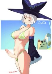 bikini cadie censored detached_sleeves erection futanari green_bikini green_eyes grey_hair hat heart heart_censor highres looking_at_viewer nebaneba one_eye_closed pangya penis simple_background swimsuit