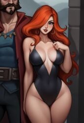 ai_generated blush freckles league_of_legends lgeucer malcolm_graves miss_fortune muscular_male red_hair seducing seductive_look tagme