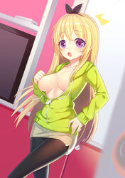 black_legwear blonde_hair blush breasts denim_skirt female grey_skirt heart heart-shaped_pupils hoodie jacket jean_skirt large_breasts long_hair looking_at_viewer no_bra open_mouth original pantyhose purple_eyes ririko_(zhuoyandesailaer) skirt skirt_lift solo standing symbol-shaped_pupils