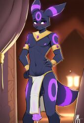 ai_generated anthro eeveelution equine_penis gold_(metal) gold_jewelry horse_penis horsecock loincloth male male_only nai_diffusion novelai pokemon pokemon_(species) precum purple_eyes purple_markings self_upload umbreon weedvee420