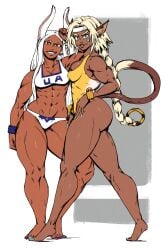 2girls abs aisha_clanclan blackredtac blonde_hair blue_eyes brown_eyes bunny_ears bunny_girl cat_ears cat_tail cuffs dark-skinned_female dark_skin hair_ornament hair_ring headband jewelry looking_at_viewer mirko miruko muscular muscular_arms muscular_female muscular_legs muscular_thighs my_hero_academia one-piece_swimsuit outlaw_star painted_nails panties redblacktac ring_in_hair rumi_usagiyama smiling smiling_at_viewer smirk smirking smirking_at_viewer sports_bra tail unknown_character white_hair wristband