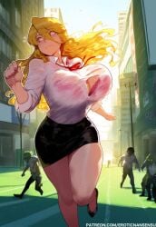 1girls 2024 2d ai_assisted artist_name bare_legs big_breasts blonde_hair bouncing_breasts collared_shirt color curvy erotic_nansensu flowing_hair flying_sweatdrops highschool_of_the_dead long_hair miniskirt outdoors patreon_username ribbon running shirt shizuka_marikawa solo_focus sweat thick_thighs tight_clothing torn_clothes torn_shirt watermark zombie